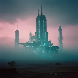 high - tech mars city, volumetric light, foggy, moody, kodak photography, cyan and pink light