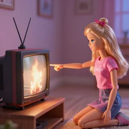 a television set is burning. a young girl is pointing to it. she looks like a barbie doll.