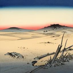 ukiyoe style, hiroshige, post apocalyptic desert, japanese style