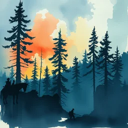 small centered on watercolor paper, paint brush strokes, abstract watercolor painting of ragnarok at nightfall, american wild west, pine trees, viking mythology, cinematic light, american romanticism by hans dahl, by jesper ejsing, by anders zorn, by greg rutkowski, by greg manchess, by tyler edlin