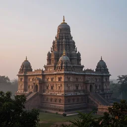 a highly detailed photo of a hindu castle surrounded by a mist shot during twilight on 3 0 mm film painted by alena aenami, rendered in unreal engine
