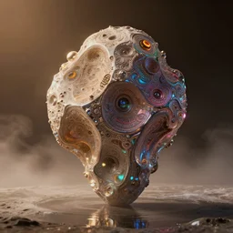 giant opalescent abstract cyber monolith sculpture on the moon, foggy, moody, warm tones, water reflection : : by jeff koons, dan mcpharlin daniel merrian : : ornate, dynamic, particulate, rich colors, intricate, elegant, highly detailed, centered, artstation, smooth, sharp focus, octane render, 3 d