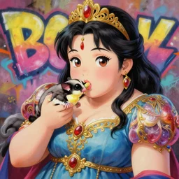 beautiful anime painting of fat asian princess eating her sugar glider, by gaston bussiere, j. c. leyendecker, craig mullins. trending on artstation, 8 k, masterpiece, graffiti paint, fine detail, full of color, intricate detail, golden ratio illustration, face enhance, sugar glider