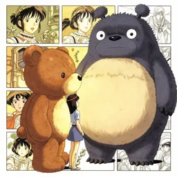 a scene of a girl finding a giant teddy bear creature friend, masterpiece graphic novel, comic book panels, interesting and unique character design, beautiful sequential art, by yoji shinkawa and frank frazetta and kentaro miura and hayao miyazaki