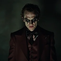 film still of Paul Dano as Riddler in a The Batman movie, 4k, dark muted colors!!!!!, low saturation!!!!!, film noir, dim lighting!!!, heavy shadows!!!, grainy footage