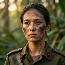 head and shoulders portrait of a female knight, military uniform, smudged face, detailed face, photography by jimmy nelson, by paul schutzer, golden hour, jungle