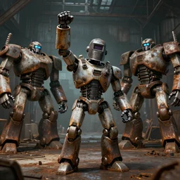 a realistic crazy robot with a welding helmet for a head, one fist raised high in triumph, raised fist, standing in front of many large robots inside a huge rusty dingy warehouse, army of big robots, raygun gothic, atomic punk, digital art, detailed render,