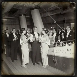 a daguerrotype photo of a party inside the titanic, award winning photo