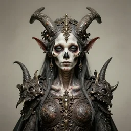 perfectly centered portrait front view of a dead rotten beautiful female daemon growing ornamentation, ornate, detailed, symmetrical, elegant, beautifully soft lit, by wayne barlowe, peter mohrbacher, kelly mckernan