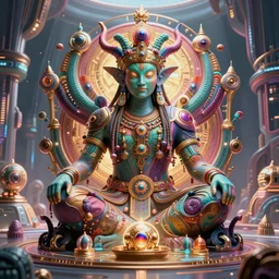 a shamanic god made from colorful intricate alien technology in futuristic dreamscape detailed artwork, extremely detailed and high quality, global illumination, octane render, digital art trending on artstation