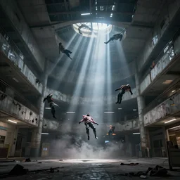 low angle photo of a abandoned shopping mall with bodies floating, no gravity, cinematic lightning, ray tracing, unreal engine, photorealistic, detailed, dark, moody, foggy, scary