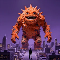 by nathan wirth, by john berkey manmade cool violet, cow print. a beautiful installation art of a large, orange monster looming over a cityscape. the monster has several eyes & mouths, & its body is covered in spikes. it seems to be coming towards the viewer, who is looking up at it in fear.