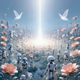 a centered render digital materverse utopia, shining its light across a tumultuous sea of digital robot flowers and fairy, cyber punk, futurism, unreal engine, high detailed, 8 k, magic hour - s 9 9 3 2 4 1 3 7 7