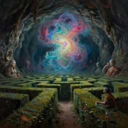 cinematic view of a dimly lit cavern filled with swirling nebula magic, hedge maze, desaturated, psychedelic, tim hildebrandt, wayne barlowe, bruce pennington, donato giancola, larry elmore, oil on canvas, masterpiece, trending on artstation, featured on pixiv, cinematic composition, dramatic, beautiful lighting, sharp, details, hyper - detailed, hd, hdr, 4 k, 8 k