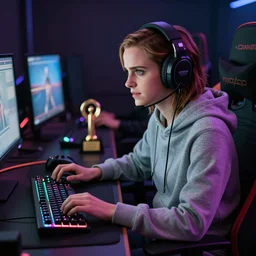 model emma watson playing video gaming  emma watson playing video gaming gaming on rgb keyboard wearing a gaming headset wearing hoodie sitting on gaming chair at desk dramatic lighting controller award winning photo