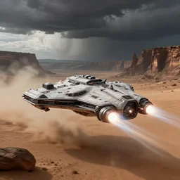 concept design of starwars - esque space ship hovering through a black desert, storm clouds and deep canyons in the background, dust cloud trailing, action shot, soft natural lighting, natural colors, sci - fi vehicle, bright propulsion, motion blur, by sid mead simon stalenhag and james gurney, intricate detail, octane render, unreal engine