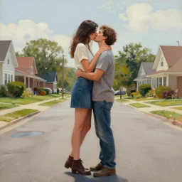 tall woman and a man kissing in the middle of suburban street, concept art, highly detailed painting
