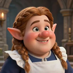 Portrait of a cheerful chubby female dwarf royal maid in the dwarven stone palace, highly detailed face, neat intricate complex braided hair, big nose, realistic, beautiful, fantasy art, dungeons and dragons, lord of the rings, in the style of Thomas Kinkade and Wojciech Siudmak, pleasant cozy atmosphere, illustration, fantasy, intricate, hyper detailed, artstation, concept art, smooth, sharp focus, ray tracing, vibrant