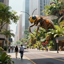 an concept art illustration, photorealistic people working, downtown street, large insect and plant biomes, ultra realistic, style by wlop, trending in artstation, cgsociety, octane render, ultra sharp, concept illustration, digital painting, 8 k, unreal engine