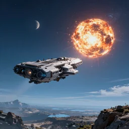 amazing scifi landscape with one epic ship flying towards an exploding planet, blue color scheme, cinematic lighting, epic scale
