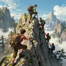 detailed ultra - realistic graphic novel illustration fantasy adventurers climb on mountain, by famous digital artists, cinematic, full shot, hi fantasy art, colorfull