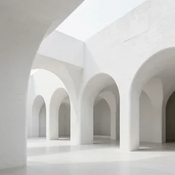 dreamy minimalist building made of porous white layers, forming a canopy of concrete with pillars and arched vaults.