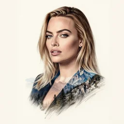 tattoo sketch of margot robbie mash up with beautiful mountains, double exposure effect, in the style of arlo dicristina, hyper realism, amazing detail, sharp
