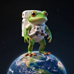 a portrait of an astronaut frog standing top of the earth, au naturel, hyper detailed, digital art, trending in artstation, cinematic lighting, studio quality, smooth render, art style by kurzgesagt