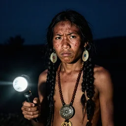 full figure of a hopi shaman, 4 6 yo, annoyed look, skin pores, scars, skin condition, in the night, flash light, hdr, nikon 2 8 mm f / 1. 8 g, by sebastiao salgado