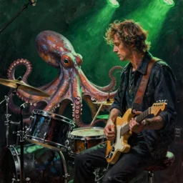 a beautiful painting by dean cornwell of an octopus playing drums and telecaster guitar in a rock concert, dark background, green concert light, dark mood