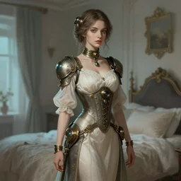 woman model, steampunk!!!!!!!!, neutral colors, cyan light, in a bedroom!!!!!!!!!!!!!!!!!!!!, elegant, highly detailed, digital painting, artstation, concept art, smooth, sharp focus, illustration, art by krenz cushart and artem demura and alphonse mucha