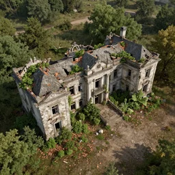 aerial photograph of a ruined, abandoned polish mansion, overgrown by plants. Dirt, leaves on ground. Octane render. Substance painter. Zbrush. Trending on artstation. 8K. Highly detailed.