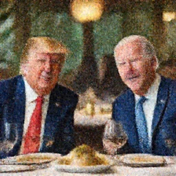 A Portrait Photo of Trump and Biden having dinner at a fancy Balinese restaurant, award winning photography, sigma 85mm Lens F/1.4, blurred background, perfect faces