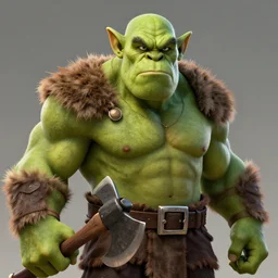 thrall green orc, portrait, lumberjack outfit, axe, angry, big eyebrows, blizzard entertainment, highly detailed, digital matte painting, by midjourney