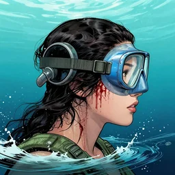 a profile photo of a chinese spy woman side profile with a diving oxygen mask with side profile blood in ocean intricate details by MARVEL comics and Sandra Chevrier-C