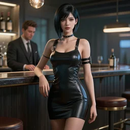 Slim cyberpunk woman is standing near the bar by Dylan Kowalski, photorealism, elegant woman, render, unreal engine, 3d art