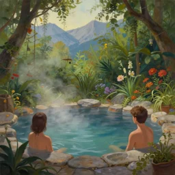 painting of an interior of a hot spring in the mountains, fantasy, lush plants and flowers, natural light, concept art, by greg rutkowski and craig mullins, cozy atmospheric and cinematic lighting, trending on artstation