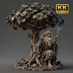 matte painting, hybrid between a tree and old wise human, smoking a cigarette, in high details, fantasy, award - winning, 8 k, fully detailed