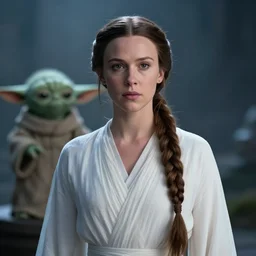 film still of millie bobby brown as princess leia in star wars movie, long braided hair pulled back, closeup portrait, wearing long white robe with yoda on dagobah, deep focus, glamour pose, dramatic lighting, octane, mist, volumetric lighting, split scene, 8 k