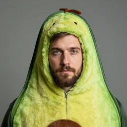 a man in a furry avocado costume, portrait photography, close up, sigma 8 5 mm