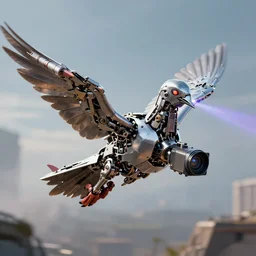 a mechanical pidgeon, with camera and rockets on its wings, flying, laser eyes, cinematic render, trending artstation, 8k, omniverse,