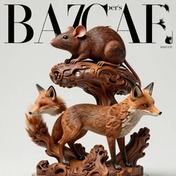 sculpture of rat on top of a fox made of wood, portrait, female, future, wood, tree, harper's bazaar, vogue, magazine, insanely detailed and intricate, concept art, close up, ornate, luxury, elite, elegant, trending on artstation, by ruan jia, by Kenneth Willardt, by ross tran, by WLOP, by Andrei Riabovitchev,