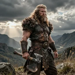 by Adrian Smith style, mad barbarian with rusty axe , wide view, deep depth of field, denoise