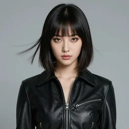 youthful female blade runner demure, perfect eye makeup by gucci westman, exquisite features, feminine cut, frontiers in flight leather jumpsuit,