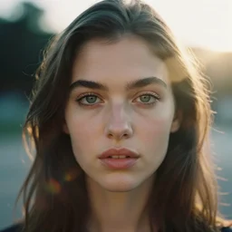 head and shoulder frontal face portrait photography of a beautiful young brunette with olive skin, green eyes, bushy eyebrows, thick lips,  by Annie Leibovitz. Kodak Portra 800 film. Depth of field. whirl bokeh. Golden hour. detailed. hq. realistic. warm light. muted colors. Moody. Filmic. Dreamy. lens flare. Leica M9, f/1.2, symmetrical balance, in-frame
