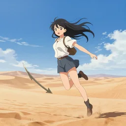 “an anime girl next to an arrow midair, dodge, desert background, anime style”