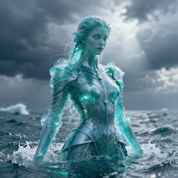 armor made of water, made of liquid, rising up from ocean, water armor, high detail, high contrast, close up portrait, studio lighting, stormy seas, beautiful, bokeh, snowy, storm clouds, god rays, d & d, fantasy, elegant, aquamarine color palette, concept art, annie leibovitz, roger deakins and greg rutkowski and alphonse mucha