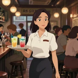 a wholesome animation key shot of jennifer connelly as a waitress carrying a plate of drinks down the isle in a crowded downtown bar, medium shot, waist up, studio ghibli, pixar and disney animation, sharp, rendered in unreal engine 5, anime key art by greg rutkowski, bloom, dramatic lighting