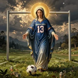 “The Virgin Mary is dressed in an American football jersey and punting through field goal posts, Orthodox Iconography”