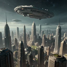 A alien  cityscape , metropolis  and  space craft overhead  in the style of Ian McQue.